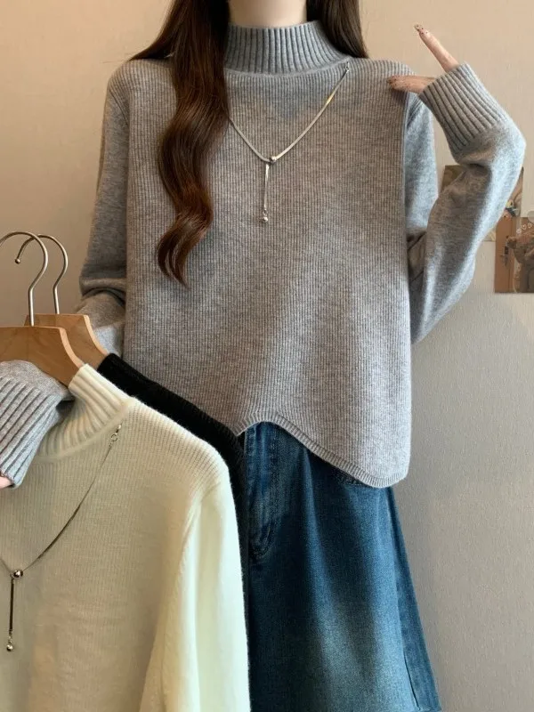 

Уникальный вязаный базовый топ с высоким воротником для женщин, необычная внутренняя одежда в корейском стиле, для повседневной носки, размеры M-L