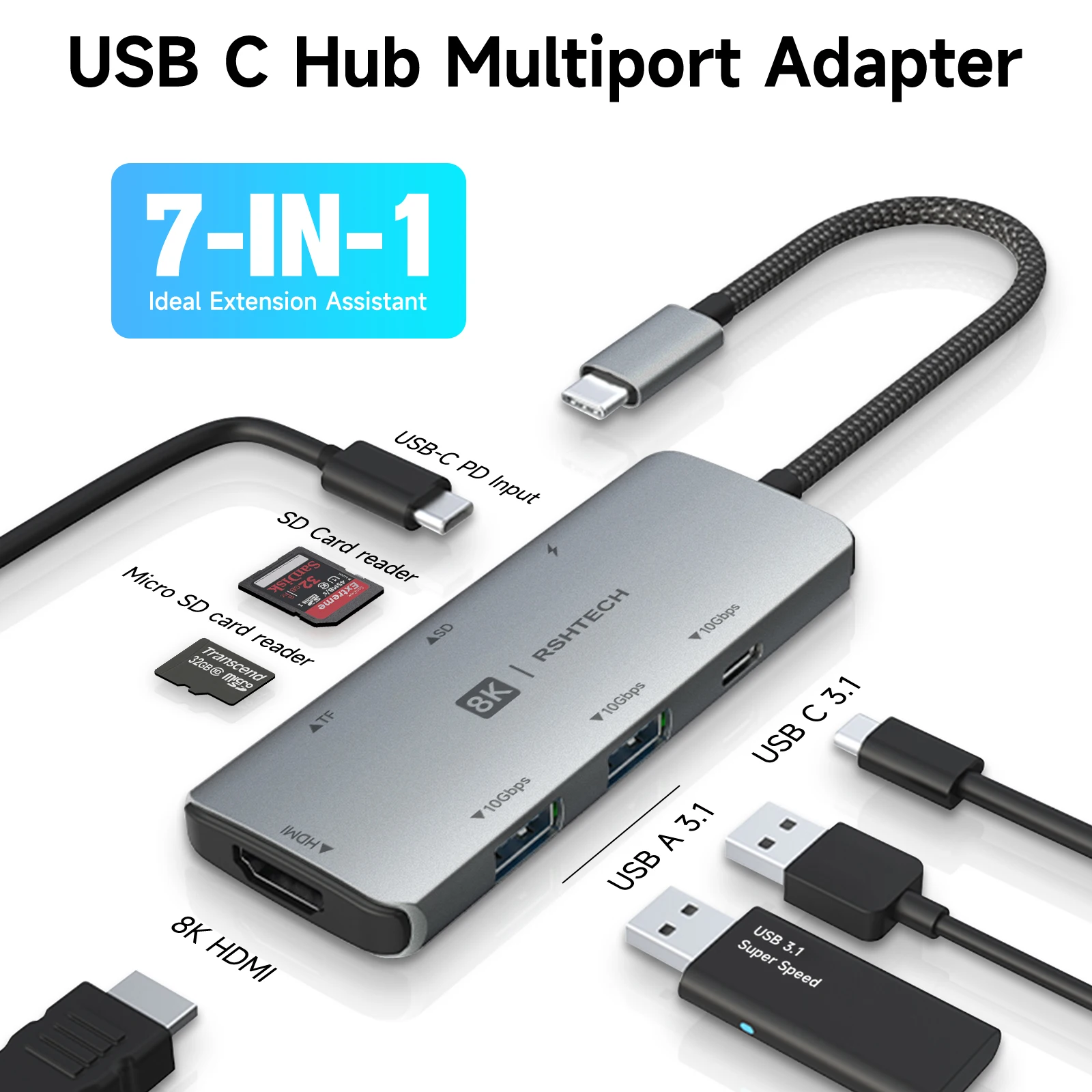 rshtech usb c hub docking station 4k 120hz 8k hdmi velocidade de transferencia de dados 10gbps 100w entrega de energia com sd leitor tf 01