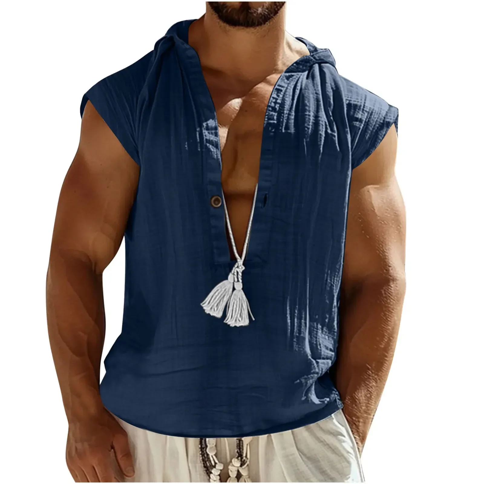 Loose Cotton Linen Sleeveless V-Neck Men's Shirt Beachwear Large Size Neutral Minimalist Style Summer Season Origin China