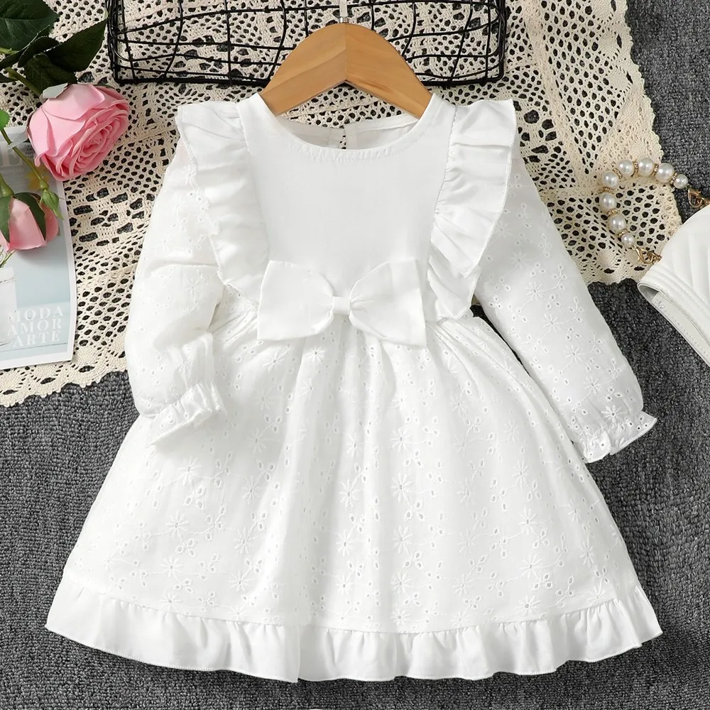 0-3 Years Toddler Baby Girl Princess Dress Ruffled Edge Long Sleeve A-line White Bow Dress Soft Lightweight Infant Baby Clothing