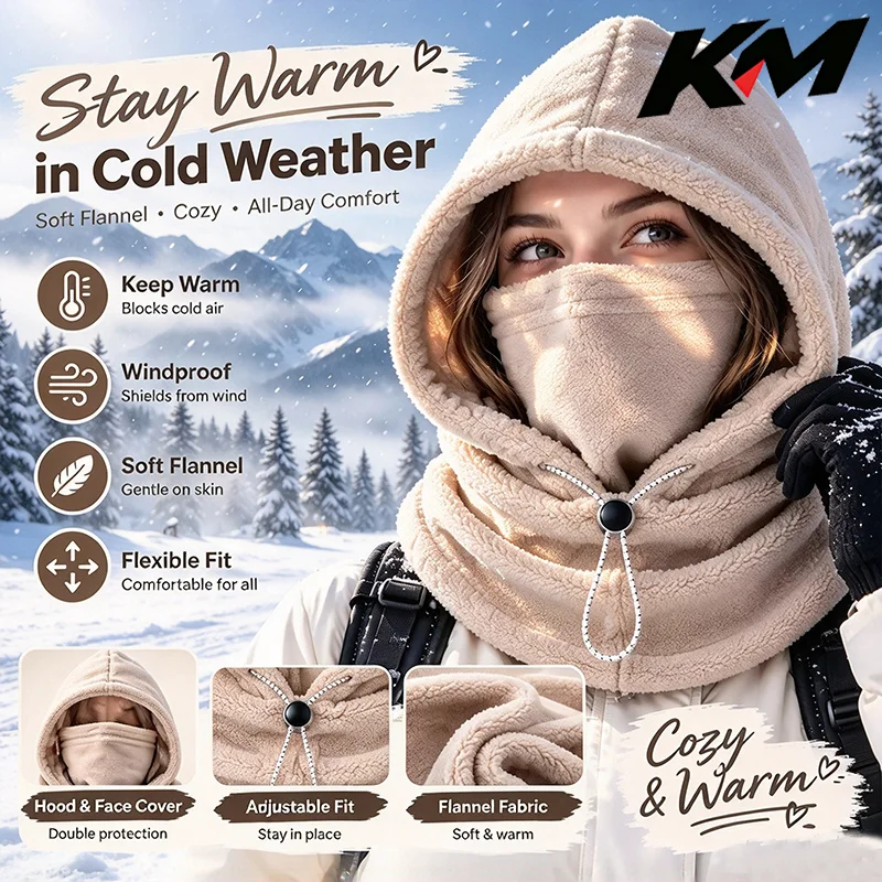 3-in-1 Fleece Double-layer Integrated Hat Windproof Warm Winter Balaclava Hood with 360 Full Cover Flannel Warm Mask Hat