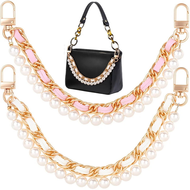 Gold Handbag Straps Cute Flower Metal Charms Shoulder Crossbody Bags Short Handle Chain 2Pcs Pearl Purse Chain Extender 10inch
