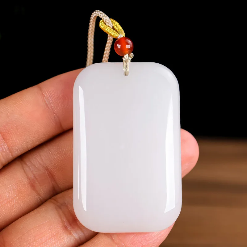 

35*55mm Natural Nephrite White Jade Blank Charm Necklace Men Women Genuine Chinese Hetian Jade Rectangular Pendant Necklace