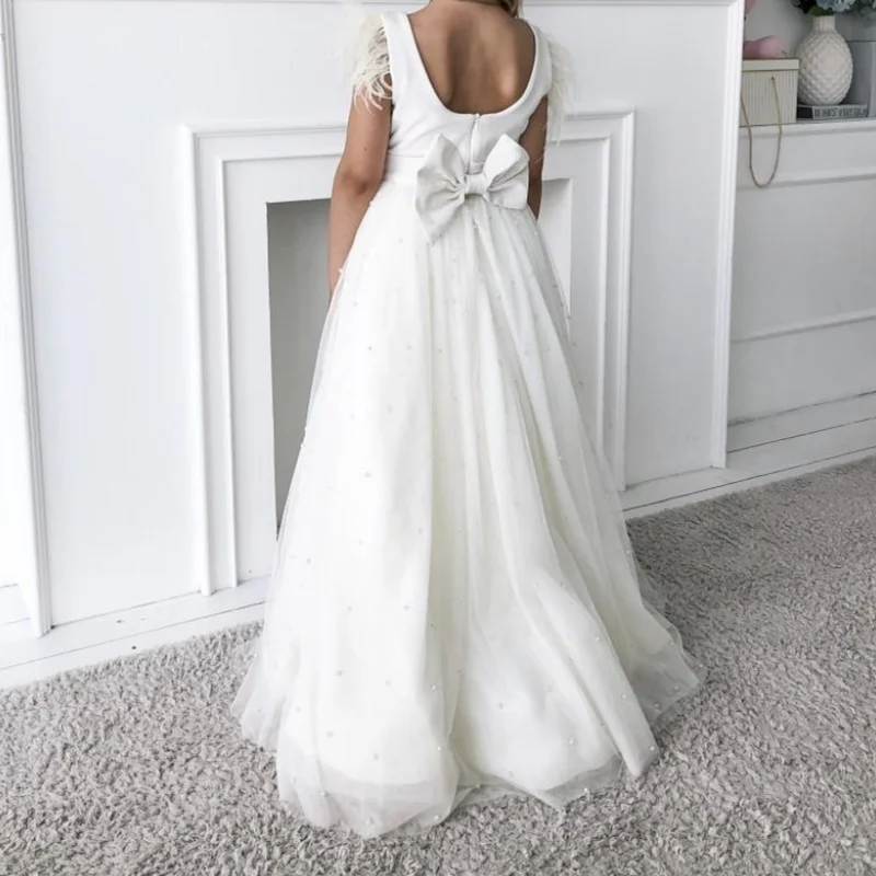 Vestido floral de tule branco com pérolas, saia longa com laço grande sem mangas para festa de aniversário de casamento, vestidos de primeira comunhão