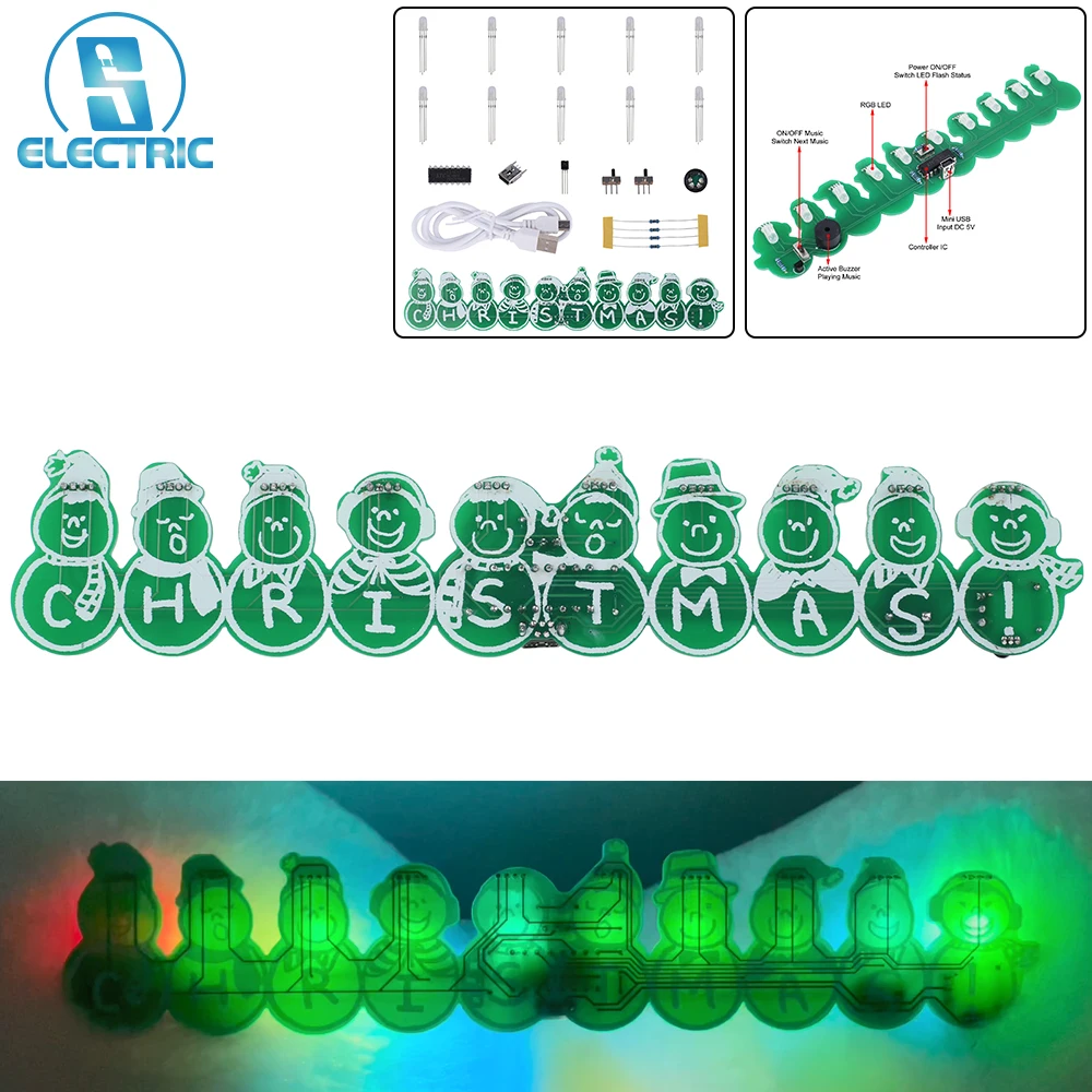 DIY Electronic Soldering Christmas Snowman Music Player Kit LED Gradient with 14 Christmas Songs DIP Components DC 5V