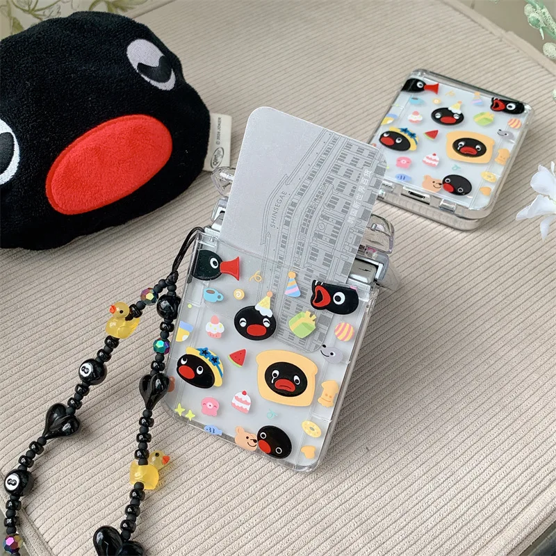 2025 الكرتون وجبات خفيفة البطريق جراب هاتف لسامسونج غالاكسي Z Flip6 4 3 الغطاء الصلب ل ZFlip3 Zflip4 Zflip5 الصلبة شل قوس