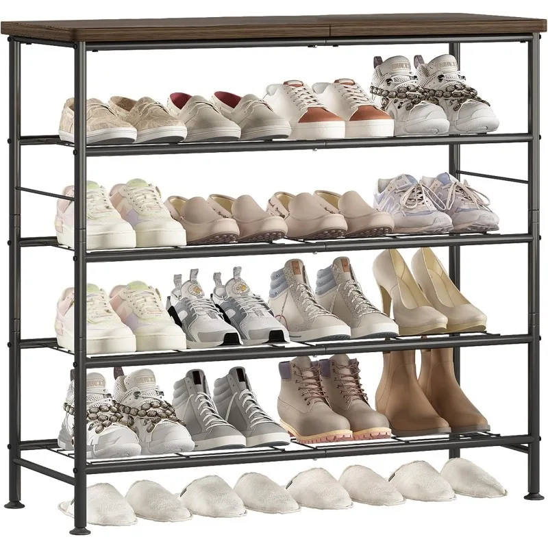 Shoe Rack Organizer 5 Tier for Closet Entryway Free Standing Metal Storage Shoes Shelf with MDF Top Board，Black+Rustic Brown