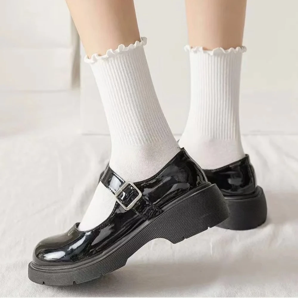 النساء تنفس كشكش تقليم الكاحل الجوارب 5 أزواج مجموعة منتصف العجل الجوارب تستخدم للمدرسة مكتب ربيع الخريف ارتداء #4