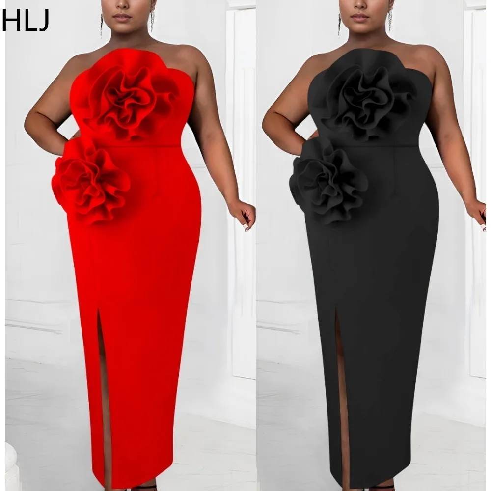 

HLJ Fashion Flower Ruched Design Bodycon Dress Women Off Shoulder Sleeveless Backless Slim Slit Party Club Vestidos Sexy Clothes