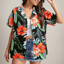 Summer Hawaiian Shirts For Women Short Sleeve Casual Floral Printed Button Down Shirt Beachwear Blouse Summer Top Shirt 2024