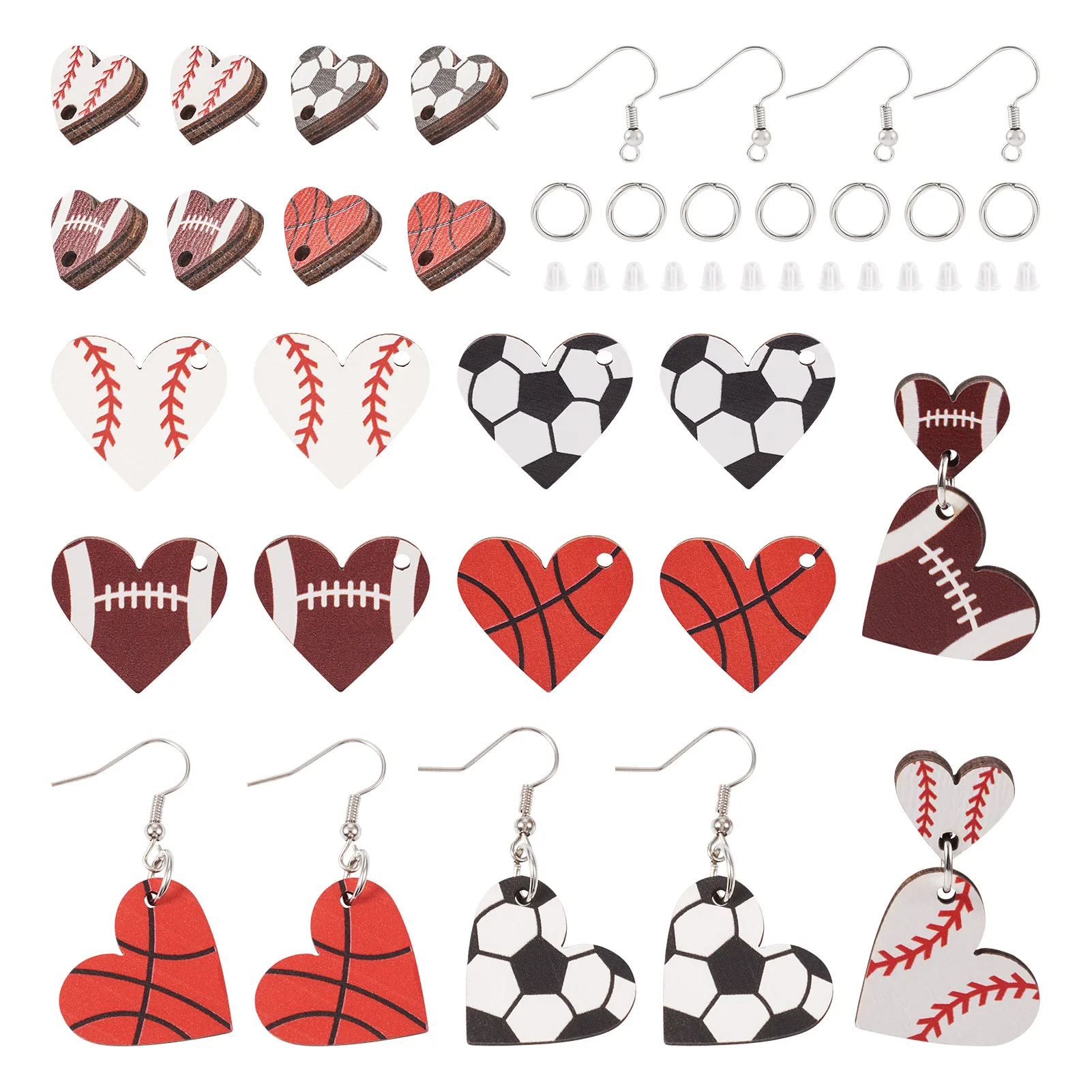 1 Box Sport Theme Wood Heart Earring Making Kit Baseball Football Basketball Wooden Stud Earrings for Women Jewelry Party Gifts