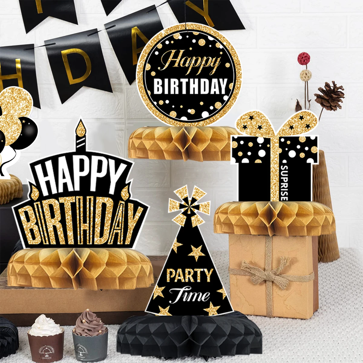 Favo de mel preto e dourado para crianças e adultos, decoração desktop, material para festa, 30, 40, 50 anos