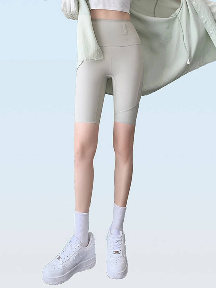 Nuevo 2025, pantalones de Yoga de piel de arca para mujer, seda helada, finos, de cinco cuartos de longitud, cintura alta, Fitn, ciclismo, Yoga, ajustados, tiro alto