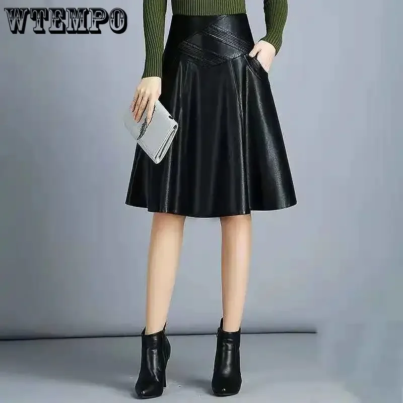 

WTEMPO Women Spring New Casual Pleated Leather Skirts Office Lady Autumn Loose Black High Waist Pockets PU Skirts Streetwear