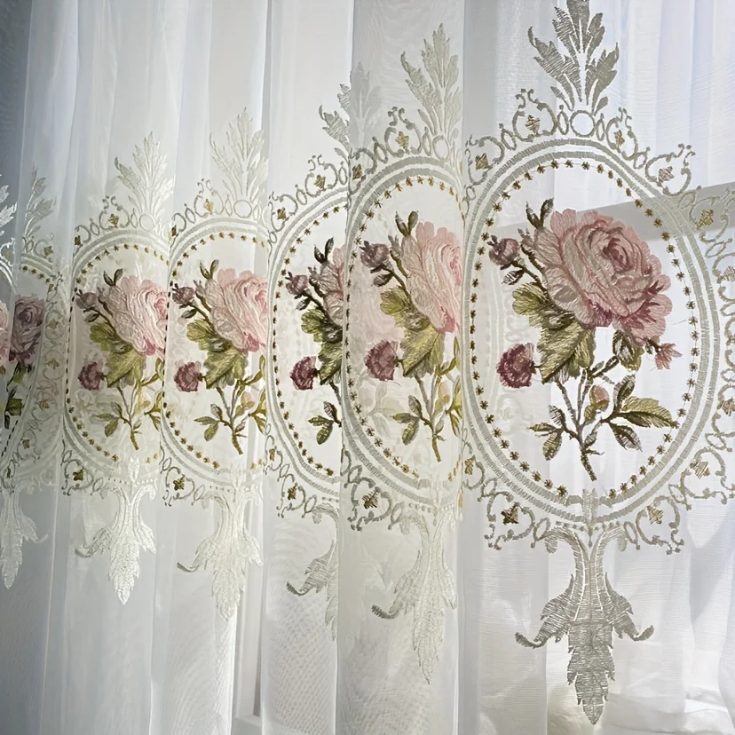 1pc American Elegant Peony Embroidery Tulle Curtain For Living Room Bedroom Grommet Top European Flower Embroidery Sheer Drapes