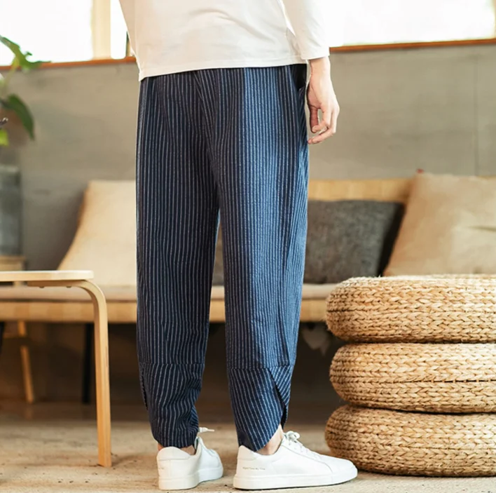 Chinese Style Striped Harem Pants Mens Breathable Cotton Linen Wide Leg Pants Bifurcation Casual Bloomers Fashion Trousers