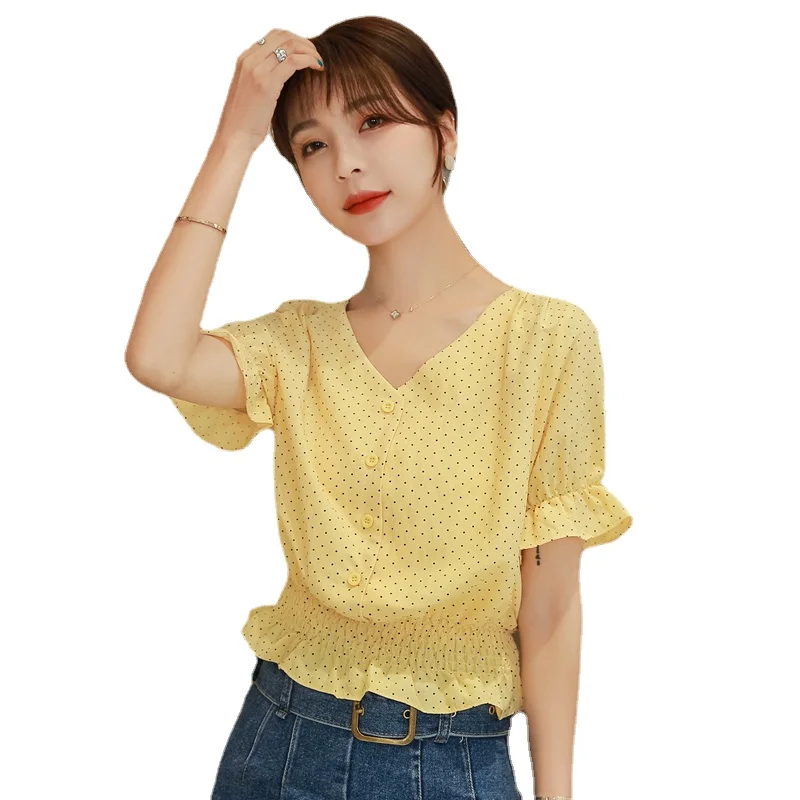 2024 Summer New Women\'s Korean Style V-neck Blouses Top Slim Waist Polka Dots Yellow Chiffon Shirt