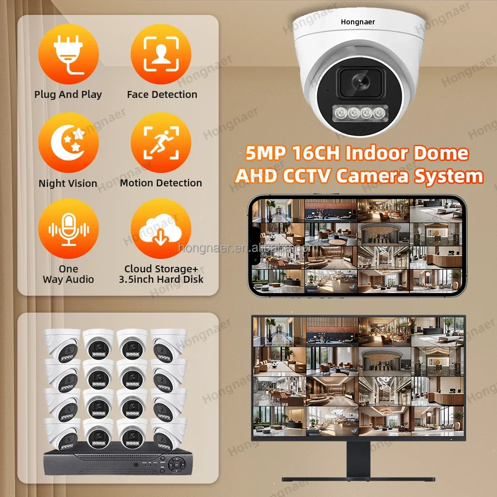 2026 Hongnaer 5MP 16CH AHD Digital Video Recorder IP Analog Surveil Security Camera Set Kit System XMEye Pro ICSee CCTV Camera S