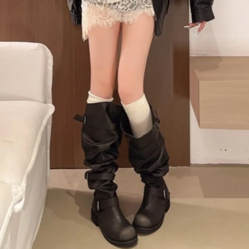 Women's Boots Round Toe Low Heel Slouchy Knee-High Shaft Buckle Straps Textured Upper Casual Footwear Stable Design Series Plus