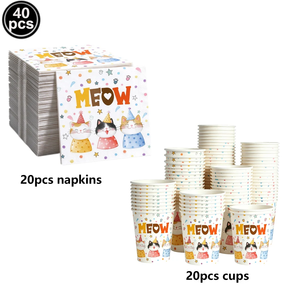 Cute Cat Theme Party Tableware, Plates, Cups, Napkins