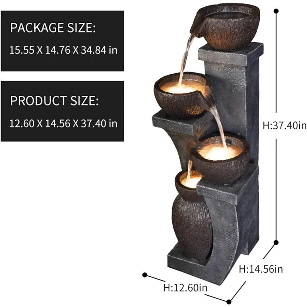 Water Fountain Outdoor 4-Crocks Modern Fountains LED Lighted Floor Fountain Natural Polyresin Decor for Garden,Patio,Backyard