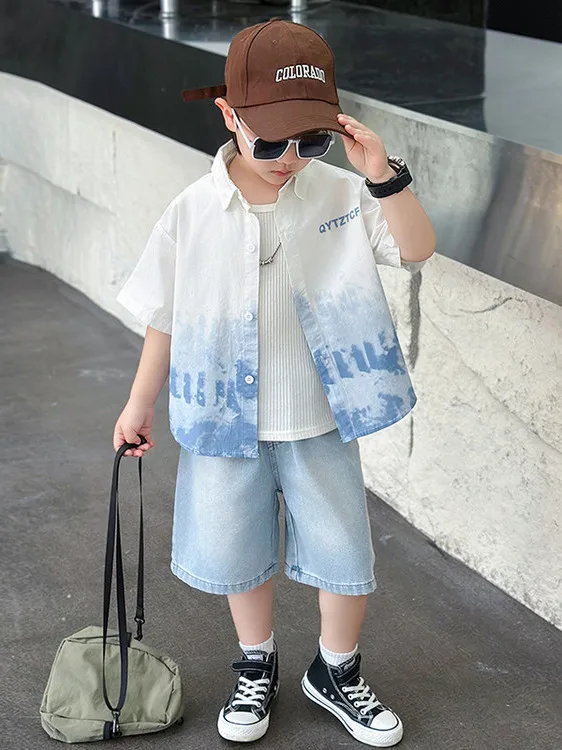 男の子用サマーシャツセット半袖ハンサム小中サイズ子供服ベビー男の子用韓国風ツーピーススーツキッズ用