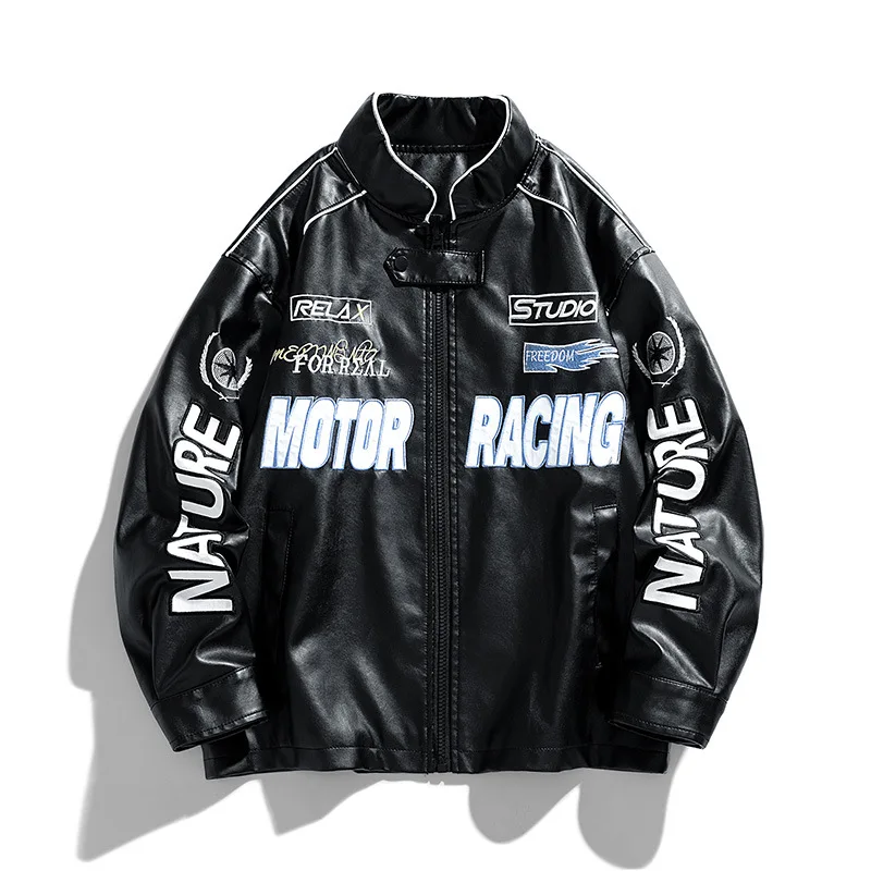 

Men's Fashion Lether Biker Jacket With Embroidery PU Motor Racing Outerwear Fleece Lined Warm PU Motorcycle Coat