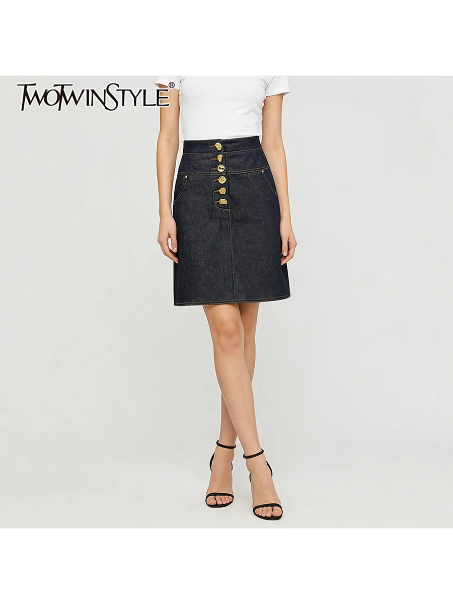 TWOTWINSTYLE Temperament Spliced Single Breasted Cowboy Skirt for Women High Waist Patchwork Pockets Minimalist Skirts Female