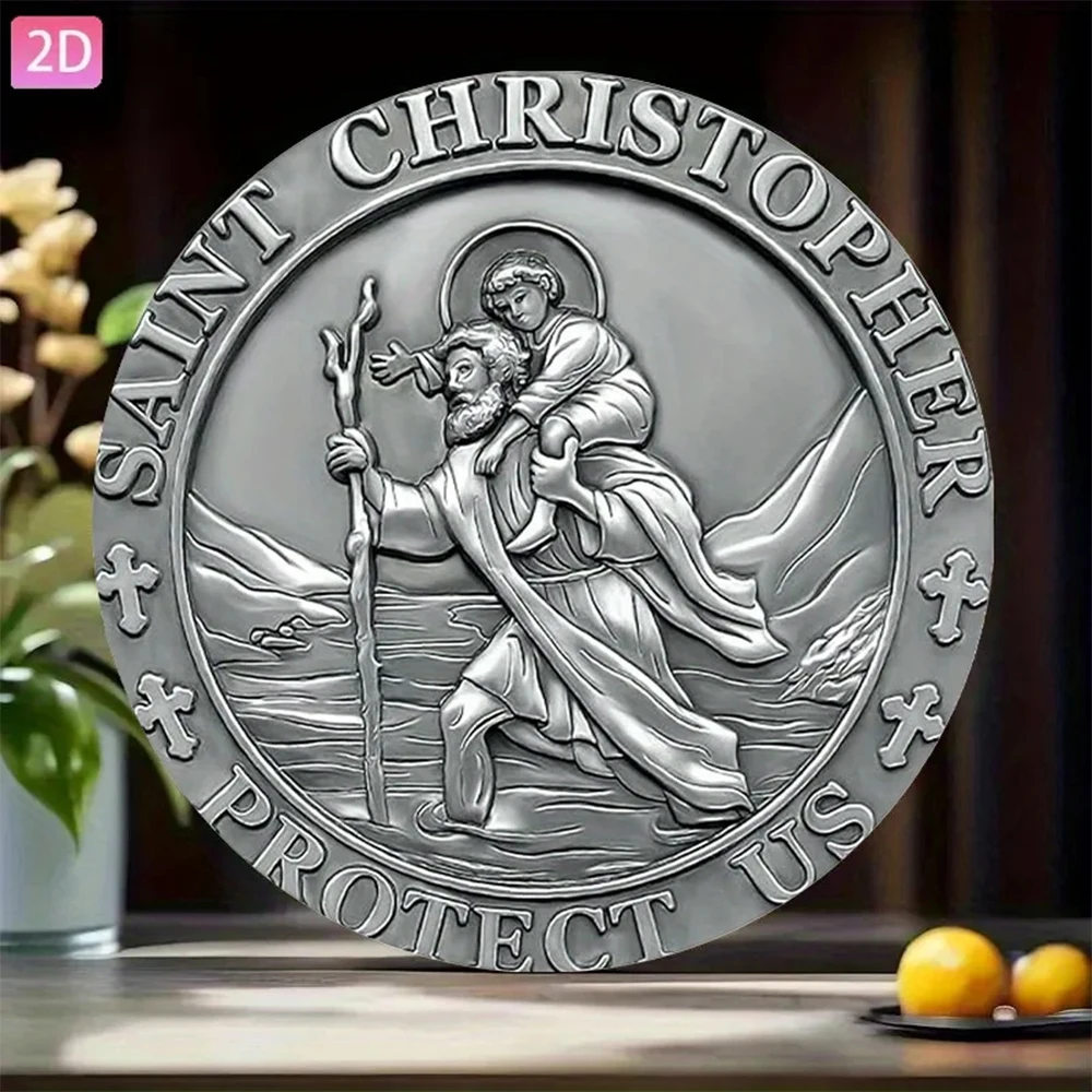 Hd Tin Saint Christopher Protect Us Round Vintage Metal Wall Art Religious Christian Decor Gift