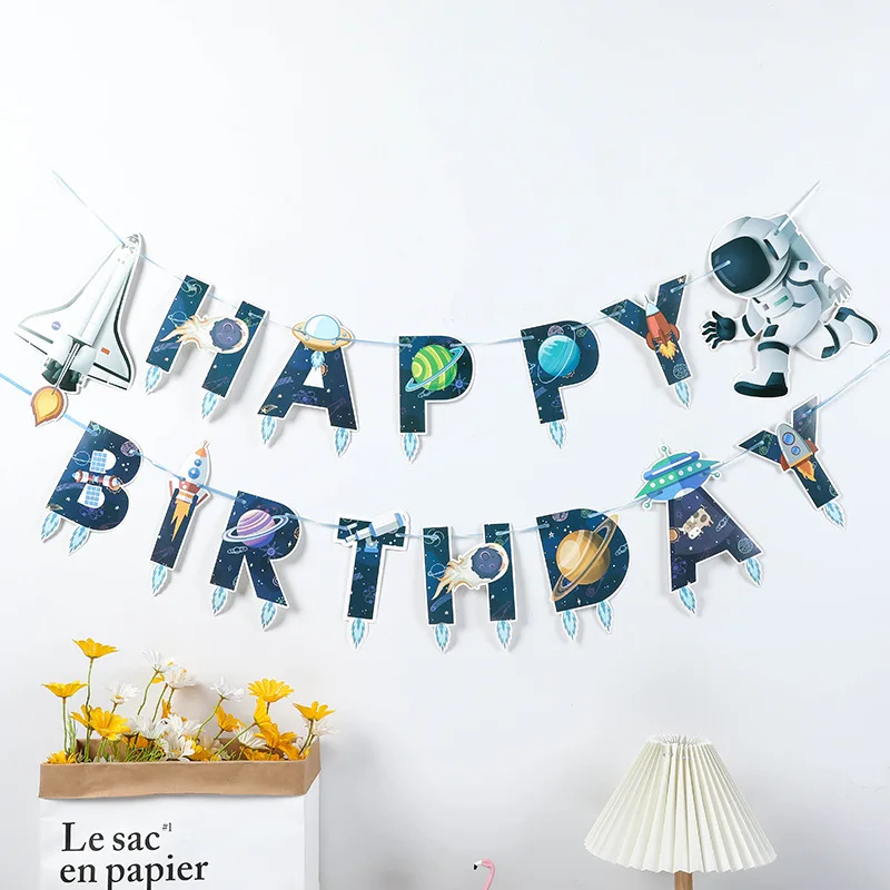 Outer Space Astronaut Happy Birthday Banner Cartoon Letter Bunting Flag Kids Boys Birthday Party Wall Background Hanging Decorat