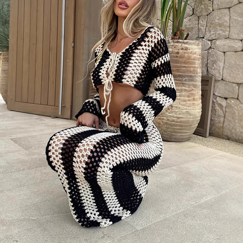 

Выдолбленный вязаный сексуальный бикини, полосатый вязаный крючком тонкий пляжный комплект из двух предметов, новый летний топ с длинными рукавами + юбка, женский костюм