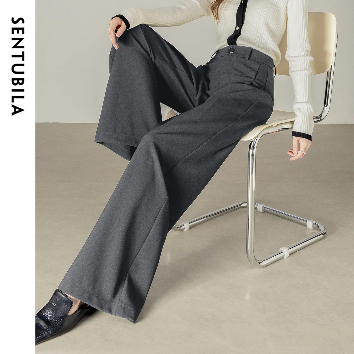 

SENTUBILA Women's Pants Autumn 2025 High Waist Office Lady Wide Leg Fashion Trousers With Pockets Slim Long Pant 153KD1629