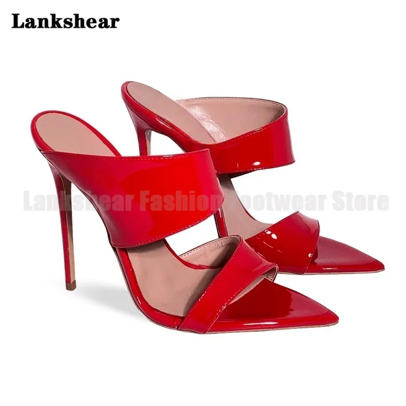 Pointy Toe High Heels Mules Slippers Patent Leather Slip-On Dress Shoes Women Shoes Luxury Designer Sandalias De Mujer Verano