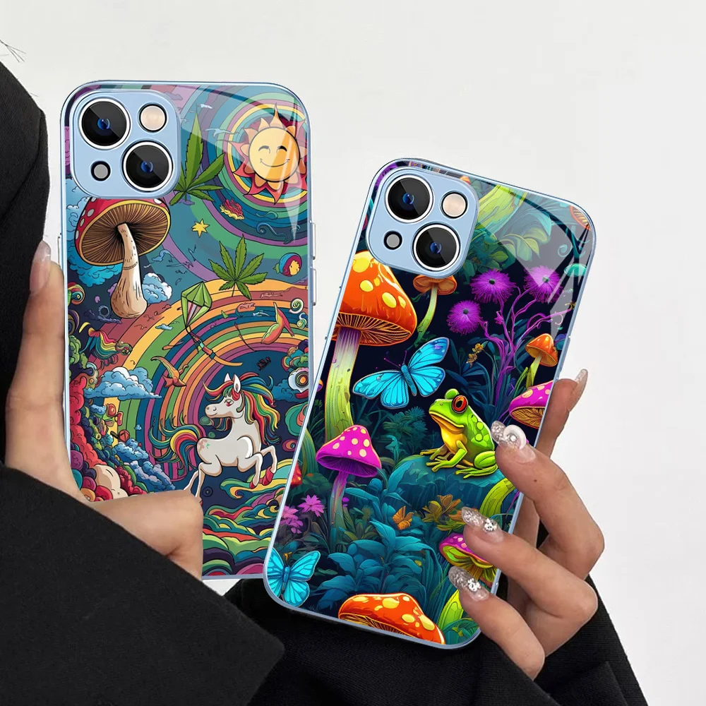 

Trippy Mushroom Art Phone Case For iPhone 14 13 12 Mini 11 Pro XS Max X XR 14 Plus Tempered Glass Cover