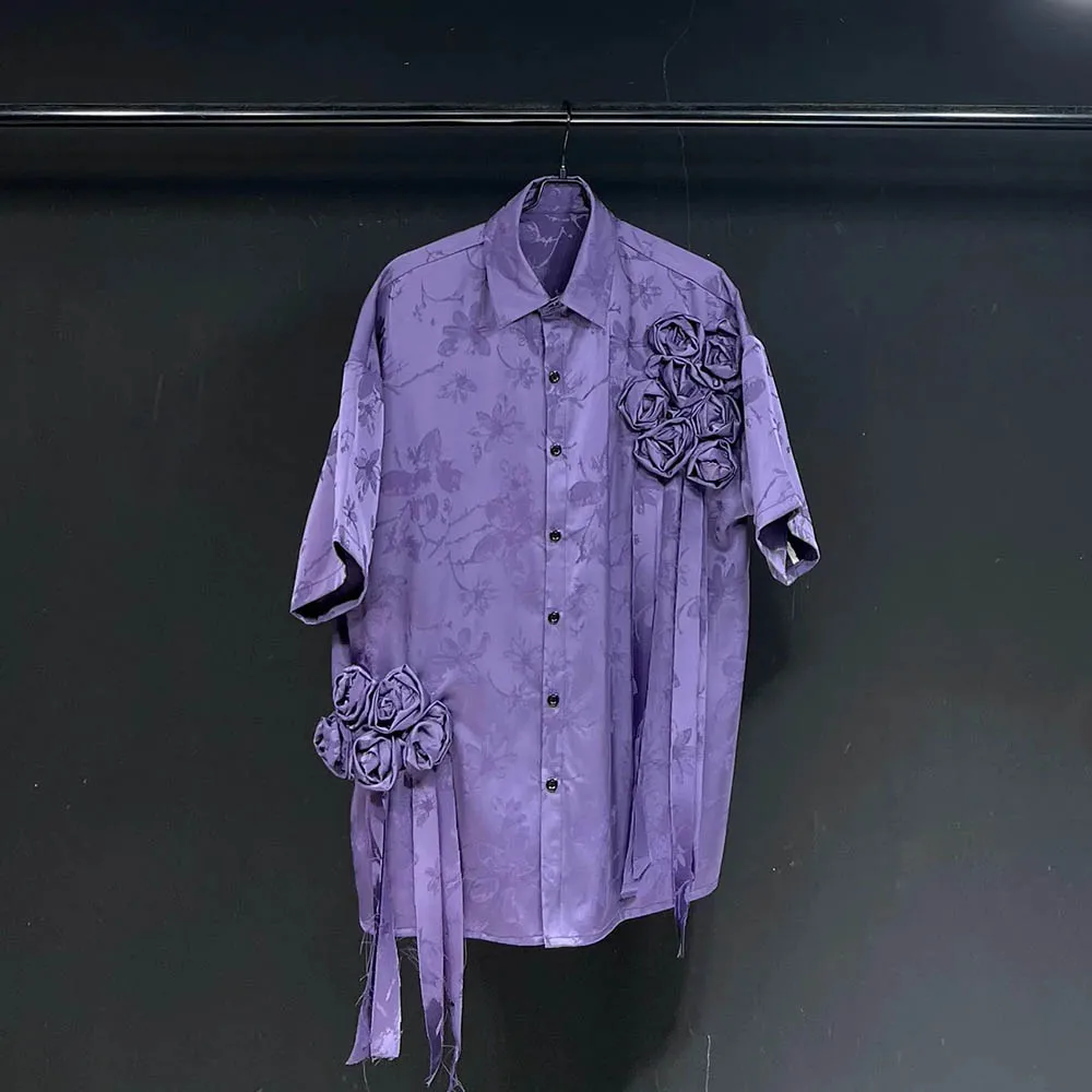 

Осенняя новая мужская рубашка с трехмерным цветком и короткими рукавами в американском стиле ретро, модные тенденции, повседневные свободные мужские топы High Street