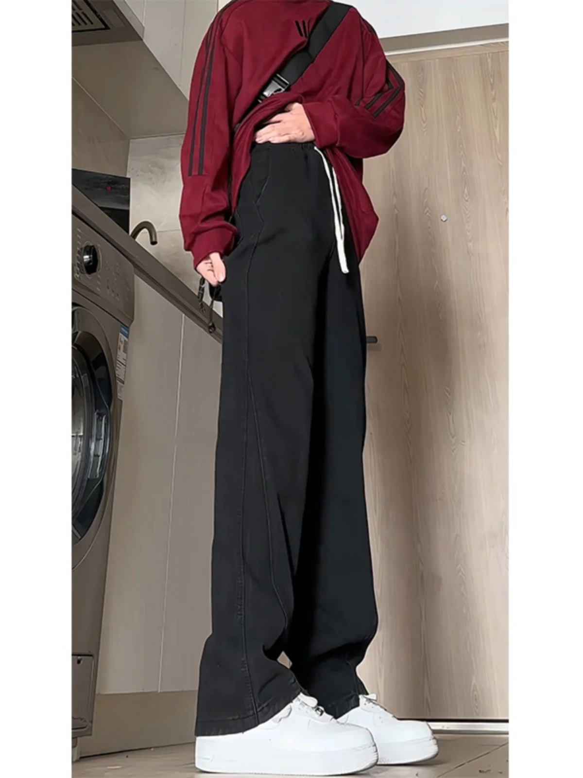 

Джинсы прямого кроя с удлиненными штанинами и высокой талией для высоких мужчин, американский уличный стиль, черные, деним, весна-осень