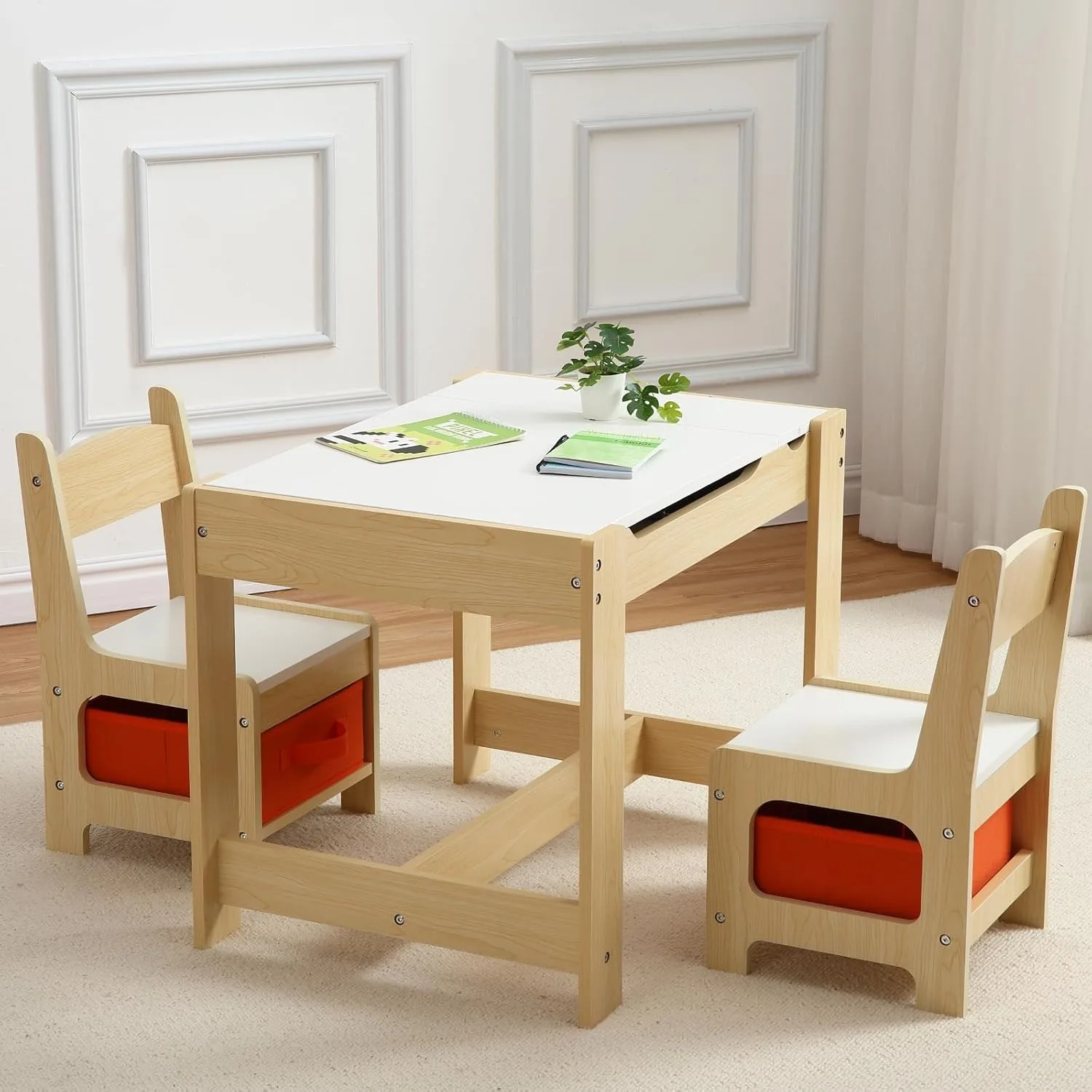 Conjunto de mesa e cadeira infantil, mesa de atividades infantis 3 em 1 com armazenamento, mesa removível, conjunto de móveis infantis de 3 peças para arte