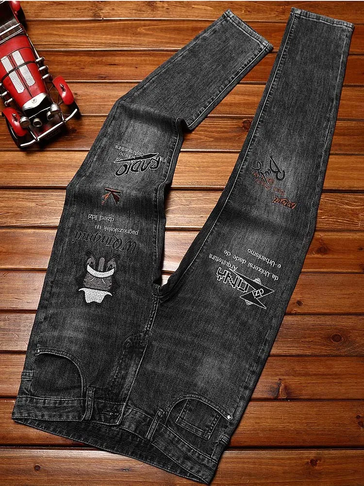 2024 New Elastic Black Gray Jeans Men's Slim Fit Skinny High-End Embroidery Personal Leisure Fashion Brand Street Pants