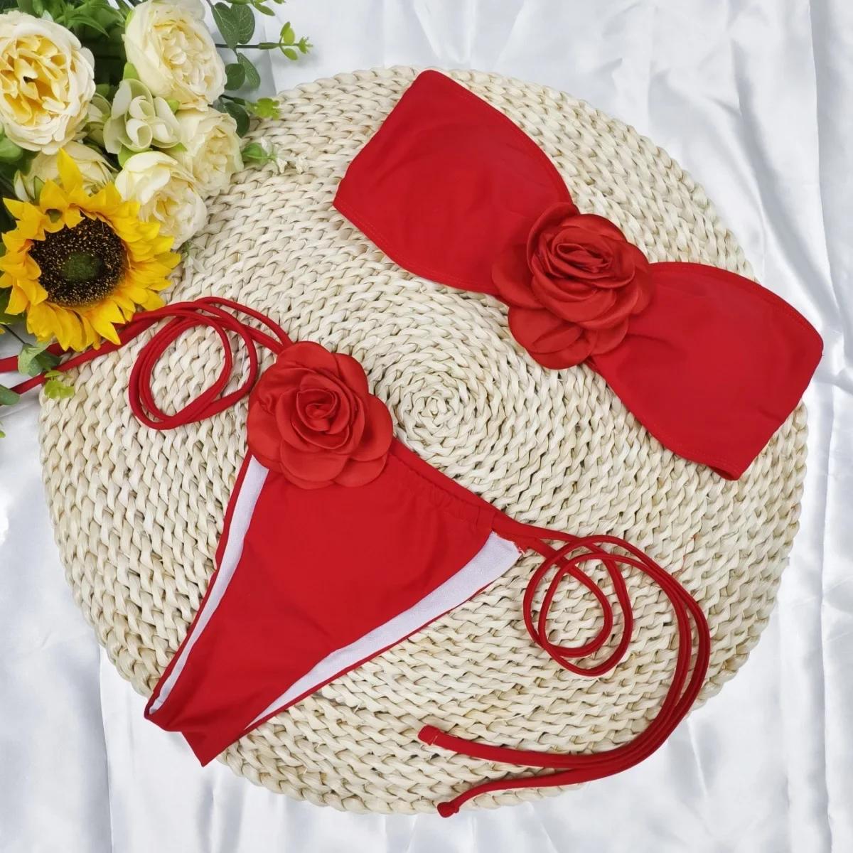 

3D цветок бандо бикини 2025 женский бразильский купальник женский сексуальный купальник однотонная пляжная одежда купальщицы купальный купальный костюм