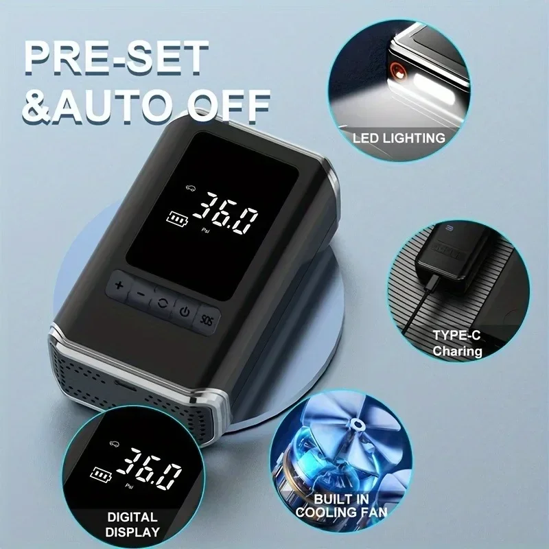 Car Air Pump Portable Tire PumpCar Wireless Pneumatic Air Pump Tire Air Pump Rechargeable With LED Emergency Light