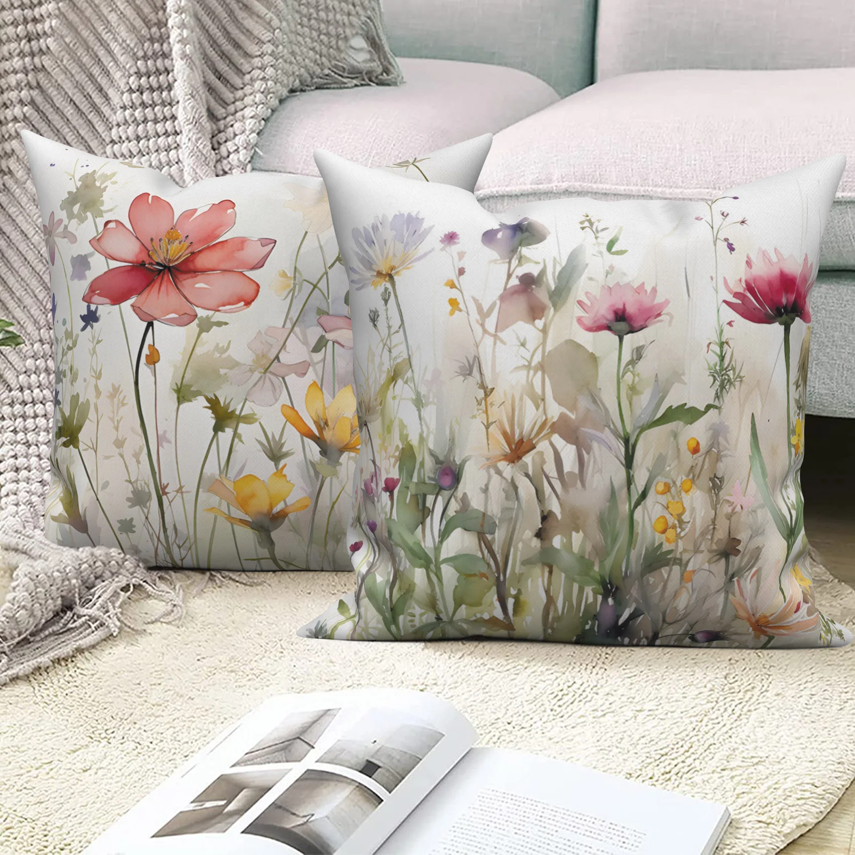 Watercolor Flower Throw Pillow Case Blossom Floral Print Pattern Home Decor Sofa Square Cushion Cover Nordic Modern Pillowcase