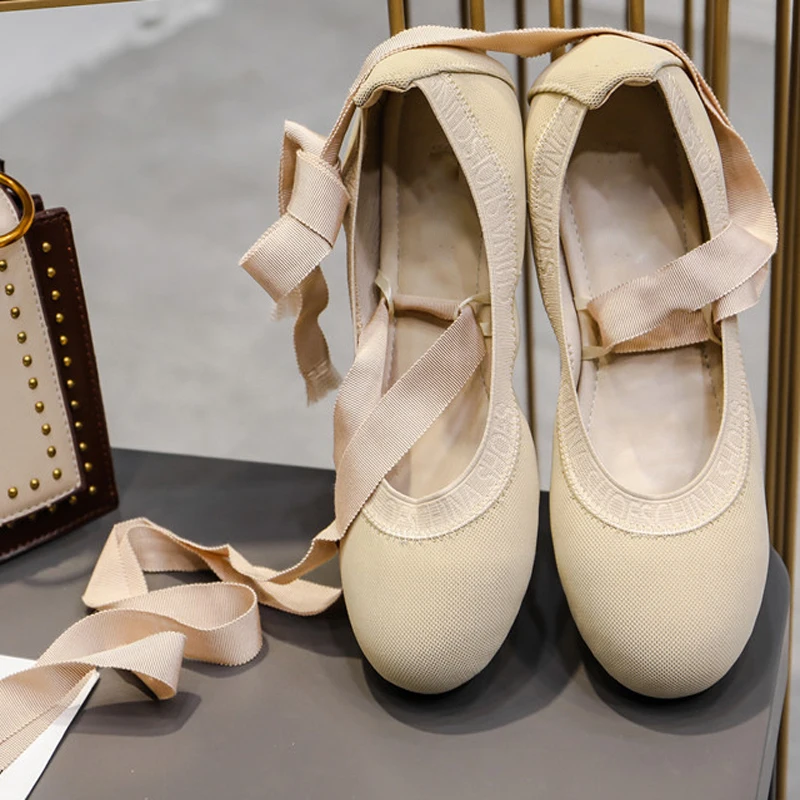 

Beige Black Stretch Fabric Ballet Flats Shoes Antiskid Soft Sole Round Toe Comfortable Dancer Shoes Lace- up Dancing Shoes