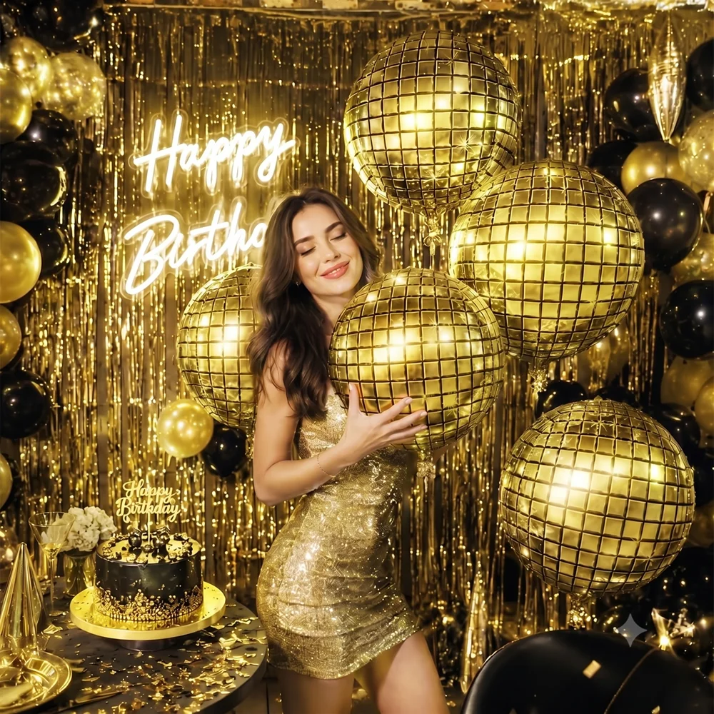 6 Pcs 22 Inch 4D Gold Disco Ball Foil Balloons, Metallic Mirror Grid Round Sphere Mylar Balloons, Retro 70S 80S 90S Theme Party