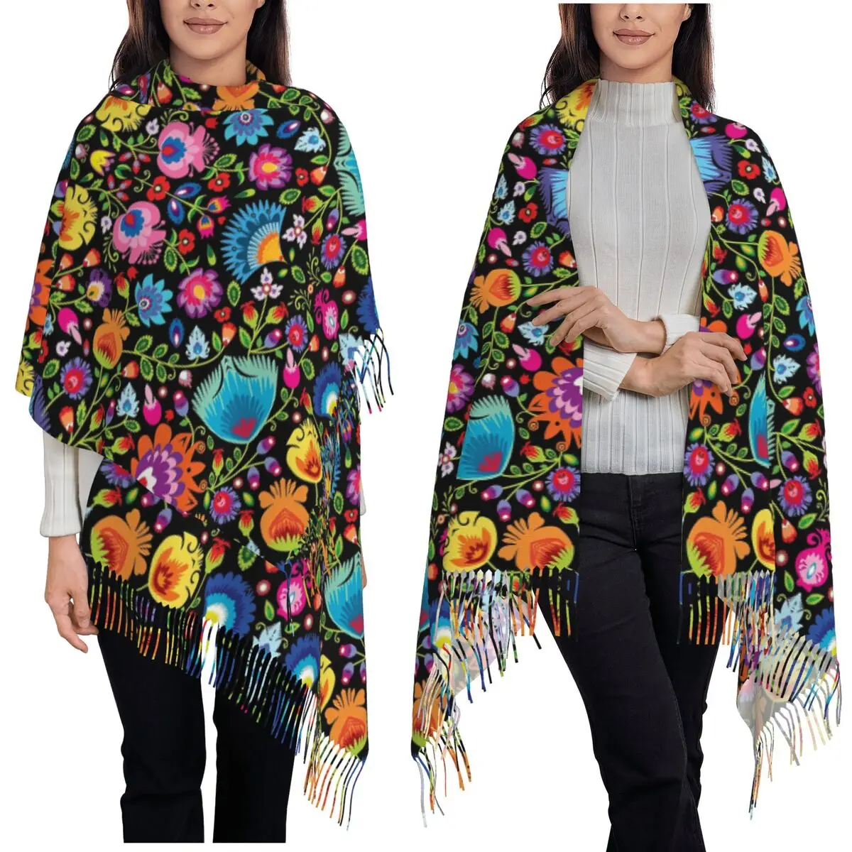 

Polish Folk Flowers Print Poland Floral Scarf Tassel Scarves for Women Soft Warm Shawls and Wraps Large Fall Winter Shawl Wrap