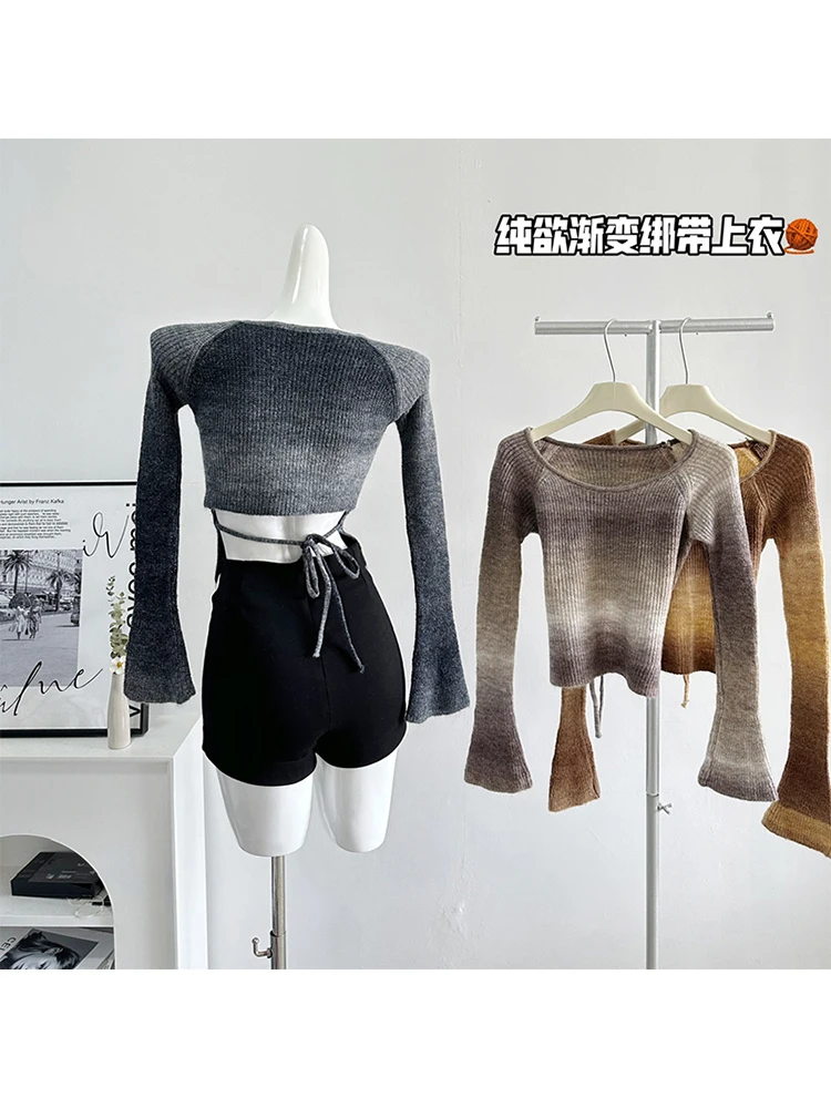 Harajuku Gradient Sweater Pullover Office Lady Autumn Winter Simple O-Neck Tie-Dye Knitwear Jumper Flare Sleeve Lace Up Clubwear