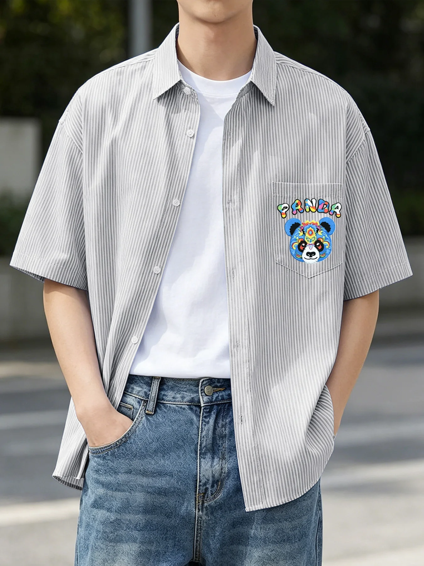Summer new style trendy men's clothing fun cartoon pocket print short sleeve casual simple outer wear shirt
