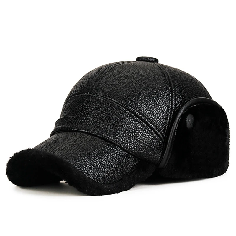 Winter Thick Warm Ear Protect Cap Hat for Men Outdoor Windproof Pu Leather Cap Bomber Hat Baseball Cap Dad Father Grandpa Gift