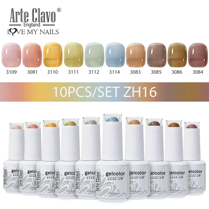 

ArteClavo 15ml Translucent Color Gel Nail Polish 10pcs Set Top Base Coat UV LED Gel Varnish Soak Off Semi Permanent Nail Lacquer