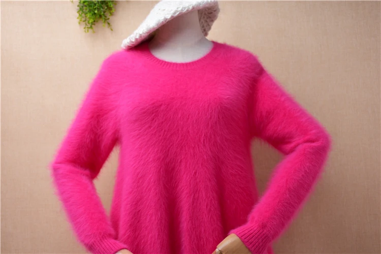 ladies women fashion pull rose hairy mink cashmere knitted beaded long sleeves slim blouses angora fur jumper sweater skirt pull