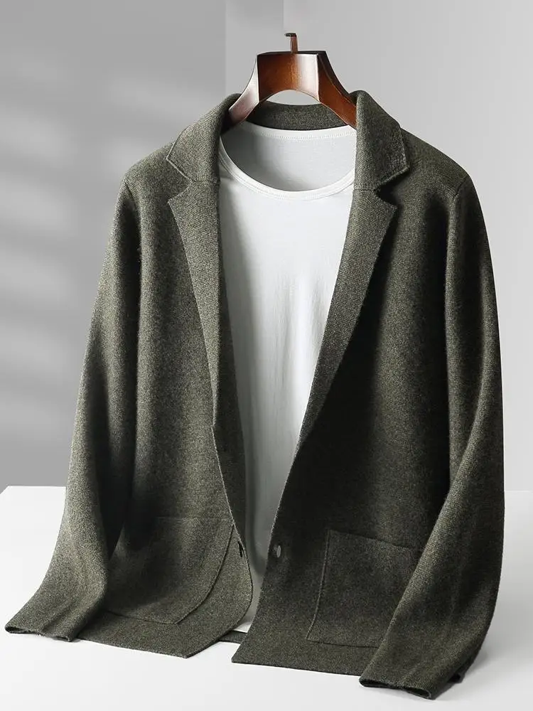 

Мужской шерстяной кардиган: осенне-зимний, элегантный повседневный свитер с воротником, верхняя одежда из 100% мериносовой шерсти, классические вязаные топы